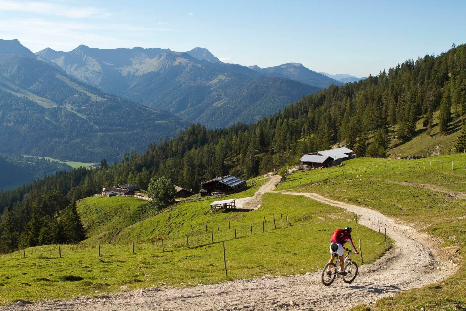 Mountainbiker auf einem Almweg über dem Tal