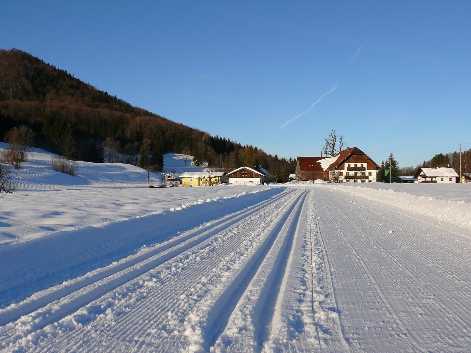 Frisch gespurte Langlaufloipe in verschneiter Winterlandschaft